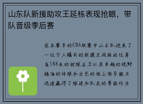 山东队新援助攻王延栋表现抢眼，带队晋级季后赛