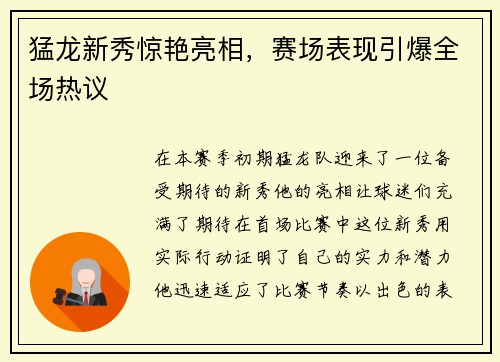 猛龙新秀惊艳亮相，赛场表现引爆全场热议