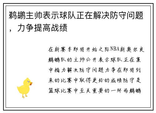 鹈鹕主帅表示球队正在解决防守问题，力争提高战绩