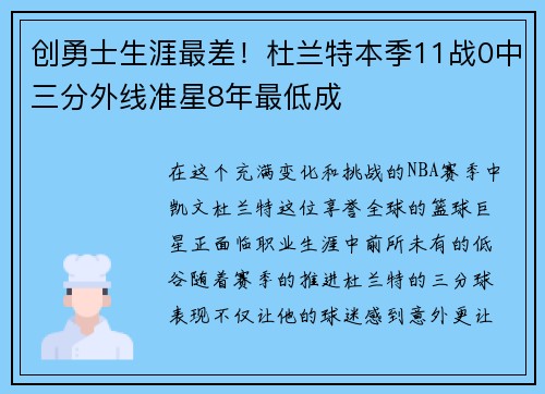 创勇士生涯最差！杜兰特本季11战0中三分外线准星8年最低成