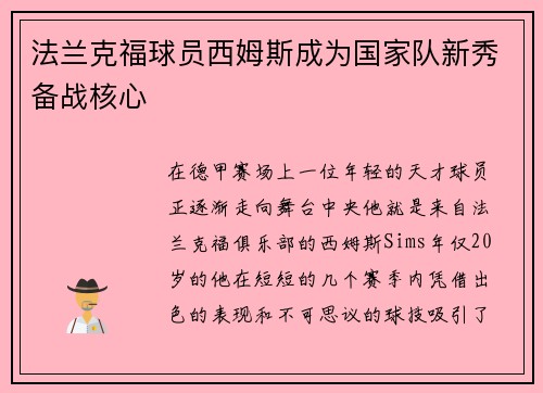 法兰克福球员西姆斯成为国家队新秀备战核心