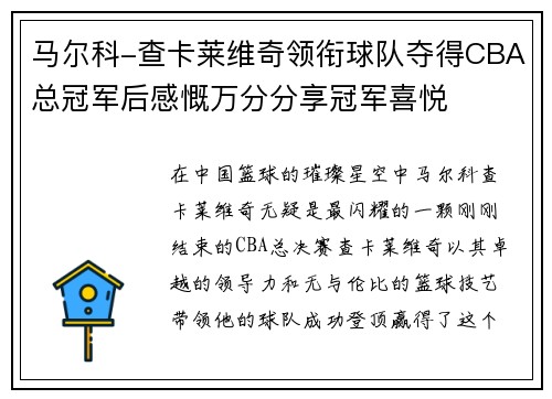 马尔科-查卡莱维奇领衔球队夺得CBA总冠军后感慨万分分享冠军喜悦