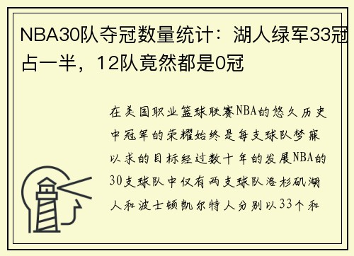 NBA30队夺冠数量统计：湖人绿军33冠占一半，12队竟然都是0冠