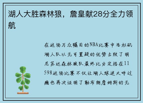 湖人大胜森林狼，詹皇献28分全力领航